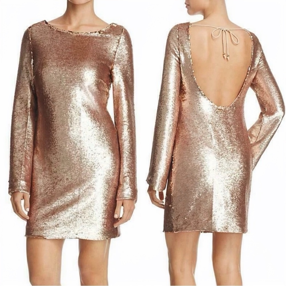 NWT Elliatt ‘Tresor’ Rose Gold / Champagne Long-Sleeve Sequin Mini Dress Size XS
